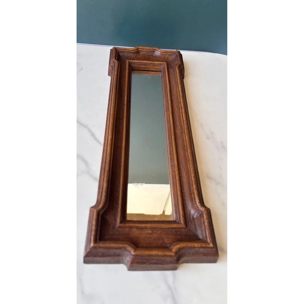 Vintage Faux Wood Narrow Wall Mirror Rectangular Scalloped Frame 13.5x4.5 Brown
